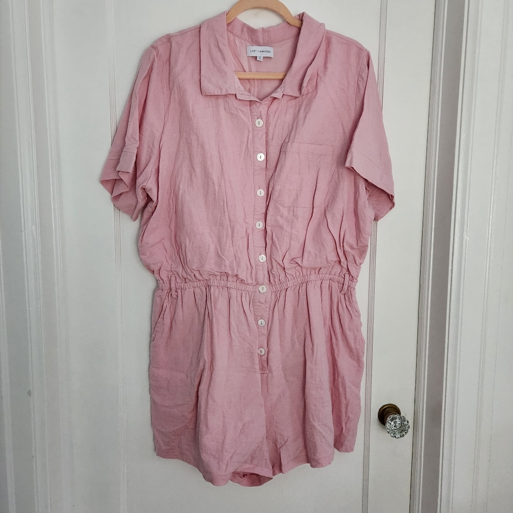 Linen Cotton Blend Pink Button Up Romper